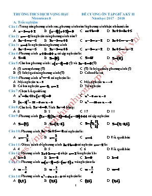 Đề cương ôn tập giữa học kỳ II môn Toán Lơp 8 - Năm học 2017-2018 - Trường THCS Dịch Vọng Hậu